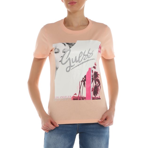 Женская футболка GUESS SS CN COLLAGE TEE, Артикул W4GI17I3Z14, розово-оранжевый | 3999429. Ракурс 2