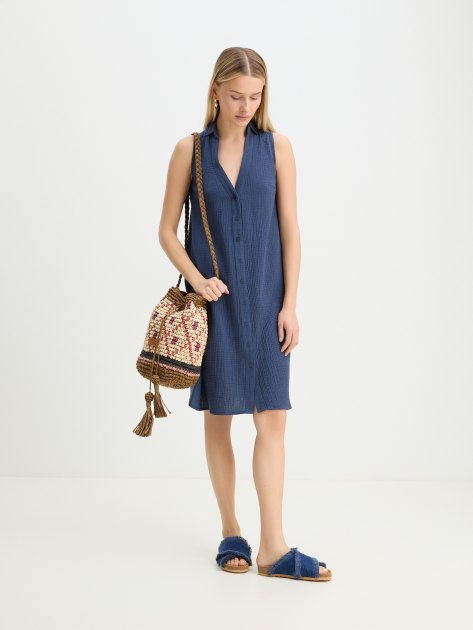Женское платье-рубашка из муслина MAISON DAVID, Артикул BLN924-1, серовато-синий | 4236259. Ракурс 2