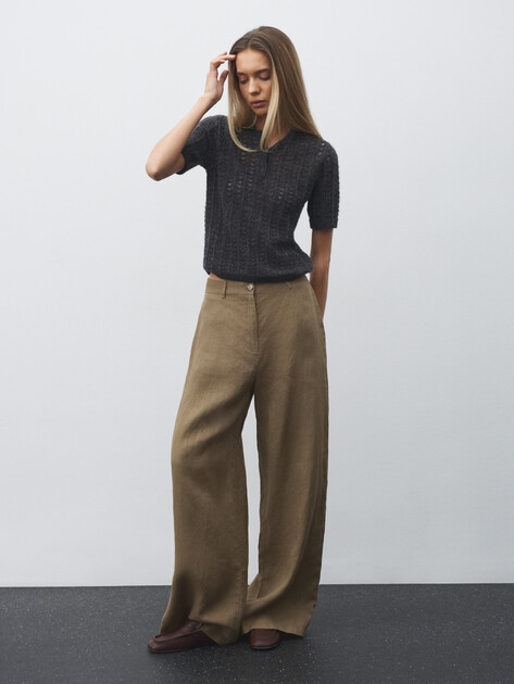 Женские широкие брюки  MAISON DAVID, Артикул KF019, зелено-коричневый | 4603098. Ракурс 2