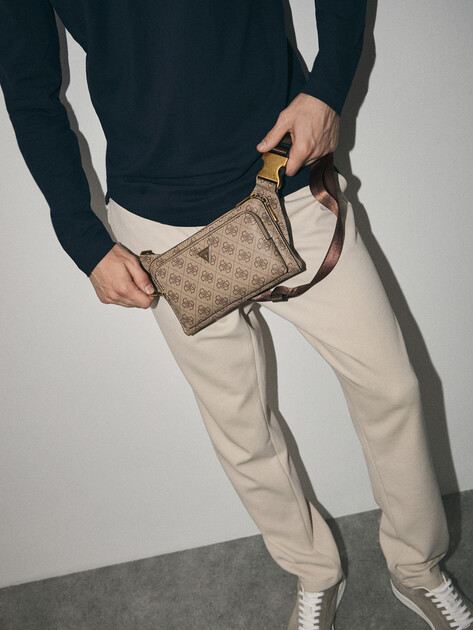 Мужская поясная сумка GUESS MILANO FLAT BUMBAG W FRT PKT, Артикул HMMILOP5214, темно-бежевый | 4713655. Ракурс 5