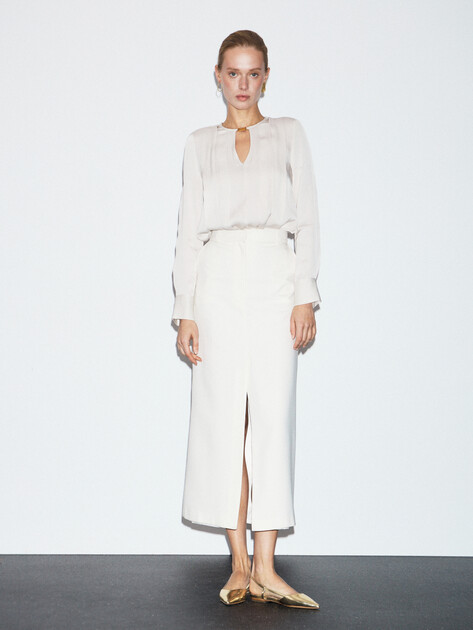 Женская блузка MARCIANO BY GUESS ANITA V NECK LS BLOUSE, Артикул 5YGH147356A, серо-бежевый | 4889876. Ракурс 2