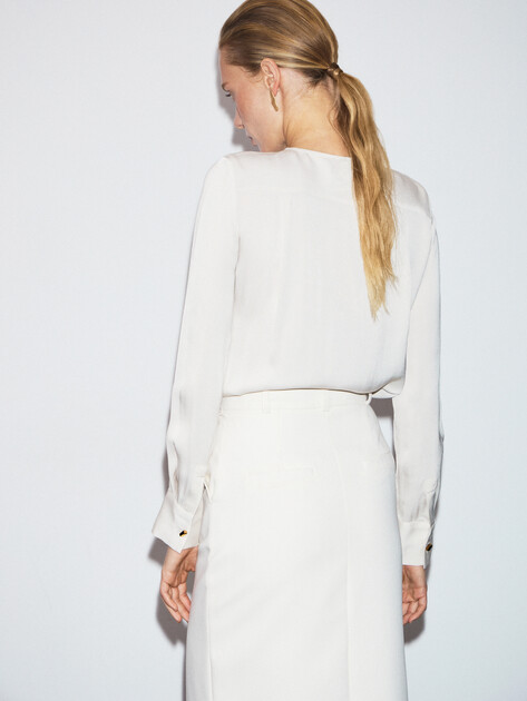 Женская блузка MARCIANO BY GUESS ANITA V NECK LS BLOUSE, Артикул 5YGH147356A, серо-бежевый | 4889876. Ракурс 4