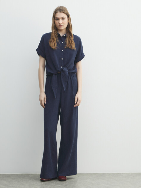 Женские широкие брюки из муслина MAISON DAVID, Артикул BLN920, серовато-синий | 5017082. Ракурс 2