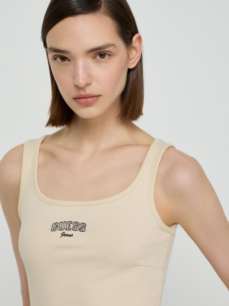 Женская майка GUESS JEANS GJ TANK TOP SLIM RIB EMBRO, Артикул W6RP20KA0H1, бежевый | 5157866. Ракурс 3 Женская майка GUESS JEANS GJ TANK TOP SLIM RIB EMBRO, Артикул W6RP20KA0H1, бежевый | 5157866. Ракурс 3