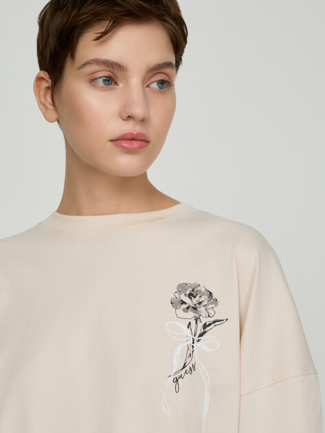 Женский лонгслив GUESS LS CN FLOWER MAXI TEE, Артикул W6GI43K3610, молочно-бежевый | 5215662. Ракурс 4