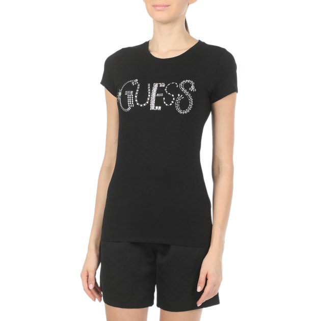 Женская футболка GUESS SS GUESS JEWEL LOGO R3, Артикул W1RI01KA0Q0, черный | 2839424. Ракурс 1
