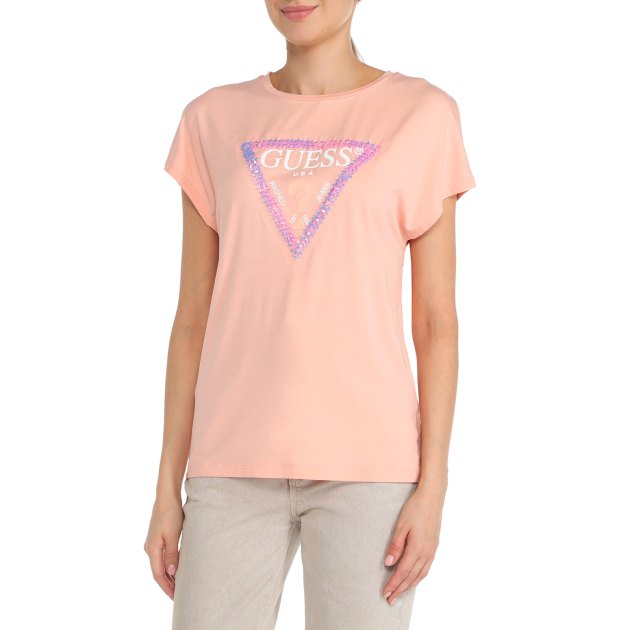 Женская футболка GUESS SS RN 3D FLOWERS TRIANGLE TEE, Артикул W3GI39K68D2, бежево-розовый | 3745120. Ракурс 1