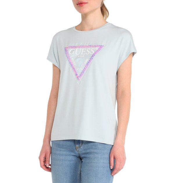 Женская футболка GUESS SS RN 3D FLOWERS TRIANGLE TEE, Артикул W3GI39K68D2, светло-голубой | 3745127. Ракурс 1
