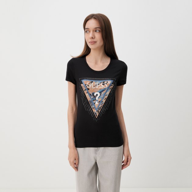 Женская футболка GUESS SS CN LEO TRIANGLE TEE, Артикул W4YI15J1314, черный | 4072280. Ракурс 1
