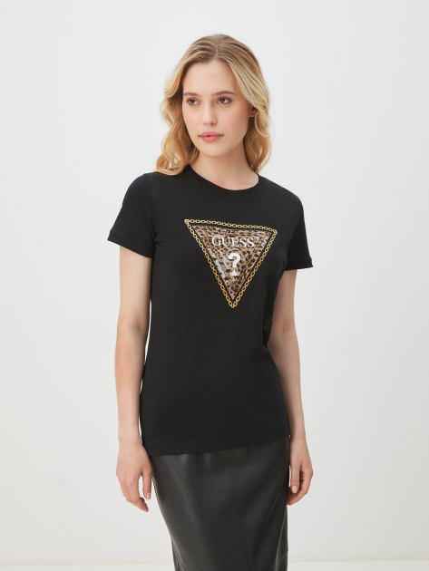 Женская футболка GUESS SS CN TRIANGLE LEO TEE, Артикул W4YI40J1314, черный | 4072315. Ракурс 1