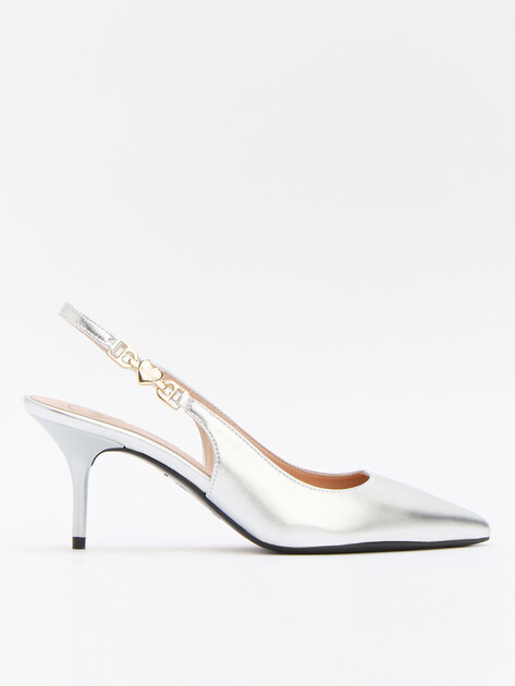 Женские туфли с открытой пяткой (слингбэк) LOVE MOSCHINO LOVE CHAIN-STRAP, Артикул JA10487G, серебряный | 4277705. Ракурс 1