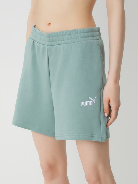 Женские шорты PUMA ESS Small No. 1 Logo 5'' High-Waist Shorts TR (s), Артикул 682441, серо-зеленый | 4301604. Ракурс 1