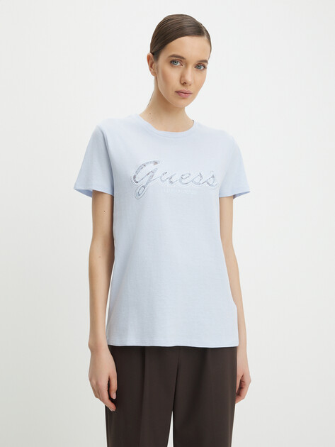 Женская футболка GUESS SS SCRIPT LACE LOGO EASY TEE, Артикул W5RI08K9RM1, светло-голубой | 4576832. Ракурс 1