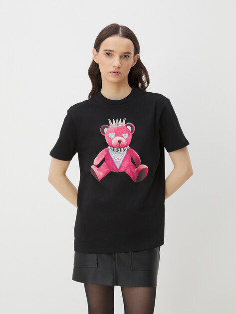Женская футболка GUESS SS PINK BEAR NEW CREW TEE, Артикул W5RI30K9RM1, черный | 4576861. Ракурс 1