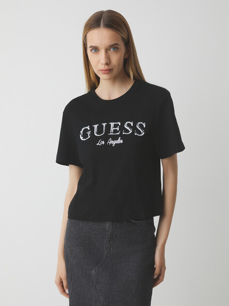 Женская футболка GUESS CLEMATIS CROP KIMONO SS TEE, Артикул V5GI09K9RM1, черный | 4737715. Ракурс 1 Женская футболка GUESS CLEMATIS CROP KIMONO SS TEE, Артикул V5GI09K9RM1, черный | 4737715. Ракурс 1