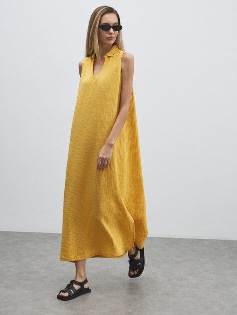 Женское платье из муслина MAISON DAVID, Артикул DRESS-2C, горчичный | 4841969. Ракурс 1