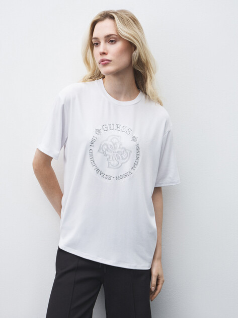 Женская футболка GUESS CARLA SS BOXY TEE, Артикул V5YI05KCOA2, белый | 4908936. Ракурс 1