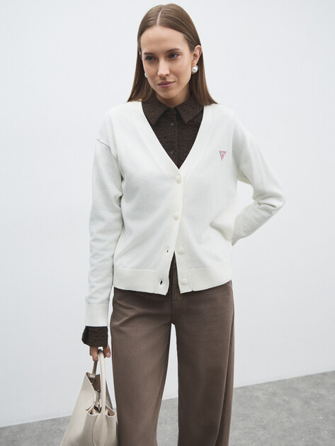 Женский кардиган GUESS JEANS GJ LS VN MINI TRIANGLE CARDI, Артикул W4BR16Z3HO2, молочно-белый | 4909001. Ракурс 1