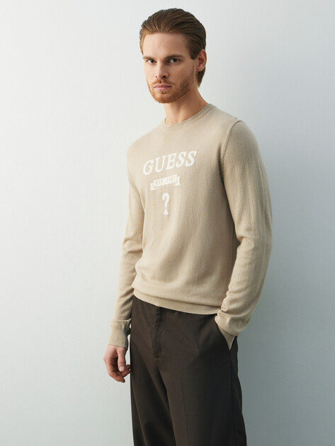 Мужской джемпер GUESS HAMMOND CN LS LOGO BASIC SWTR, Артикул M5YR00Z0122, пыльно-бежевый | 4992656. Ракурс 1