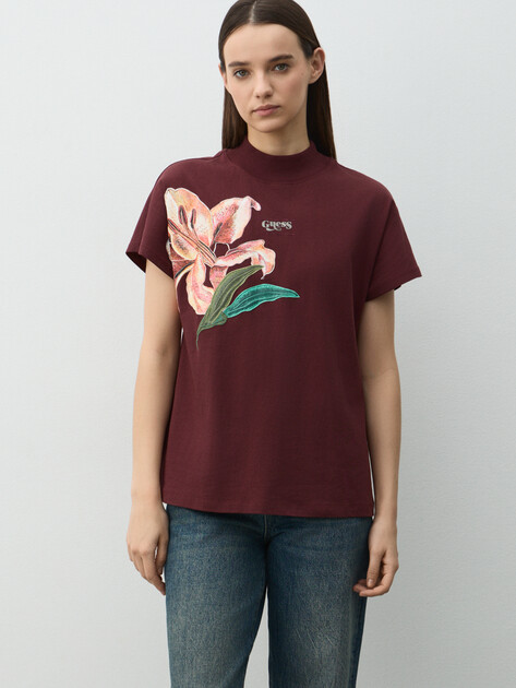 Женская футболка GUESS SL MOCK NK LILY TEE, Артикул W5BI16I3Z14, винный | 4993949. Ракурс 1
