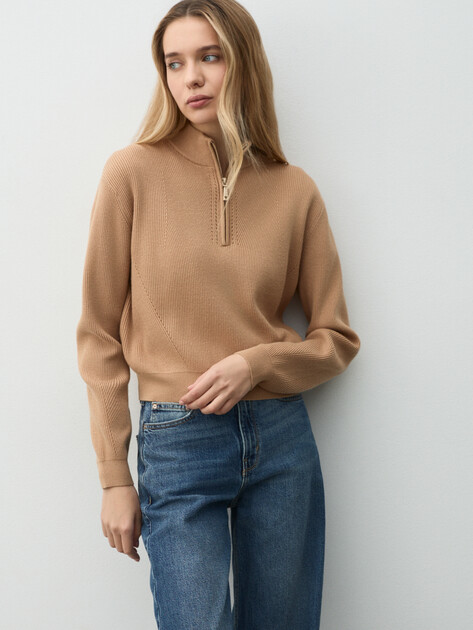Женский джемпер GUESS LS HALF ZIP HARLEY SWTR, Артикул W5BR29Z0572, коричневый | 4994148. Ракурс 1