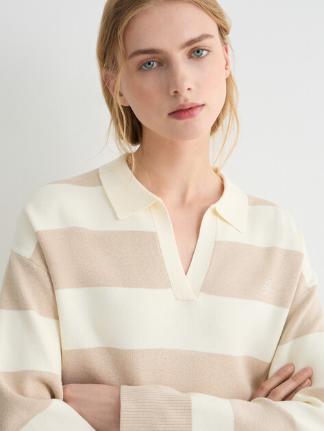 Женский пуловер GUESS JEANS GJ LS POLO STRIPED SWTR, Артикул W6RR16Z3FC2, бежевый | 5158092. Ракурс 1