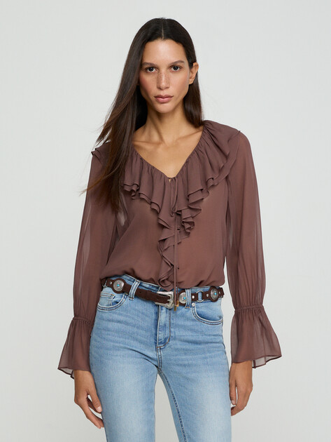 Женская блузка MARCIANO BY GUESS ADELA LS RUFFLES BLOUSE, Артикул G6GH04W2385, коричневый | 5209454. Ракурс 1