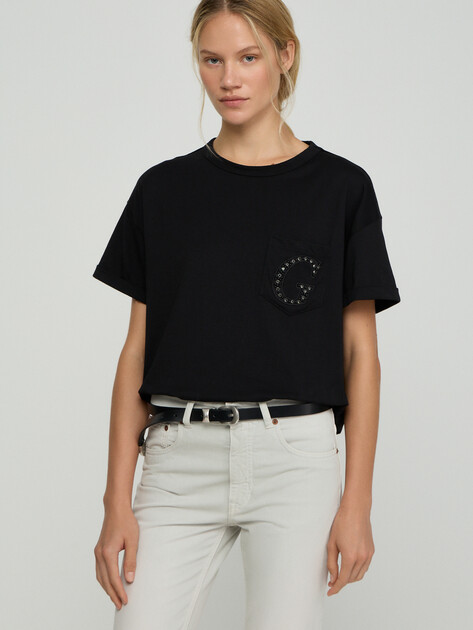 Женская футболка GUESS SS CN POCKET G LOGO TEE, Артикул W6GI17K3037, черный | 5255976. Ракурс 1